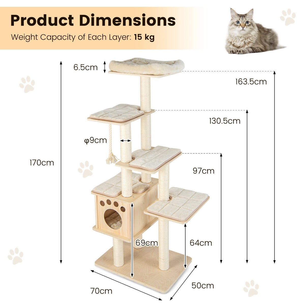 NNECW Modern Wooden Cat Tower with Scratching Posts Washable Cushion-3