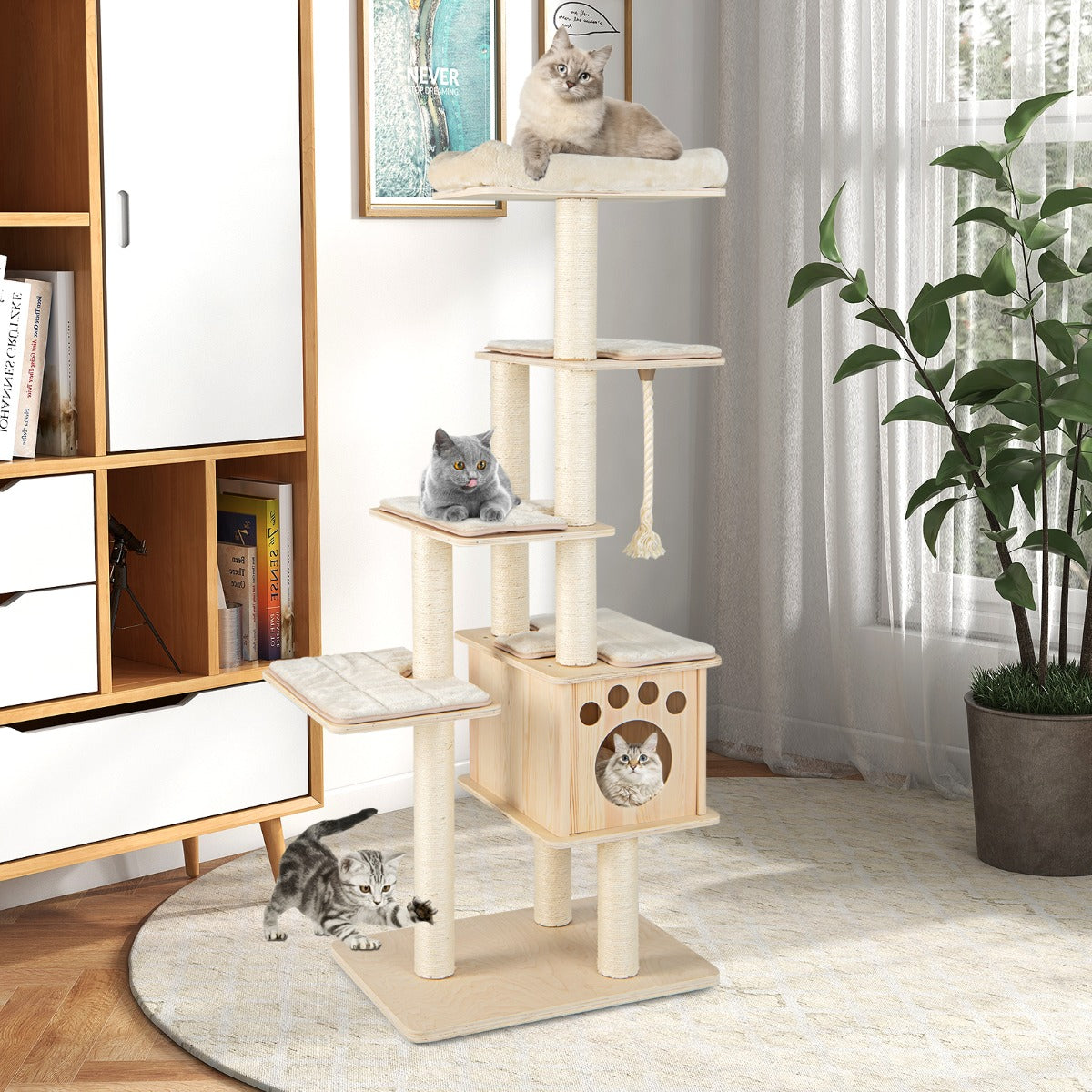 NNECW Modern Wooden Cat Tower with Scratching Posts Washable Cushion-0