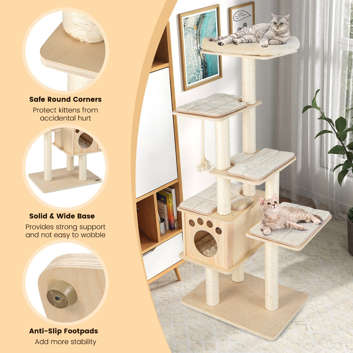 NNECW Modern Wooden Cat Tower with Scratching Posts Washable Cushion-2
