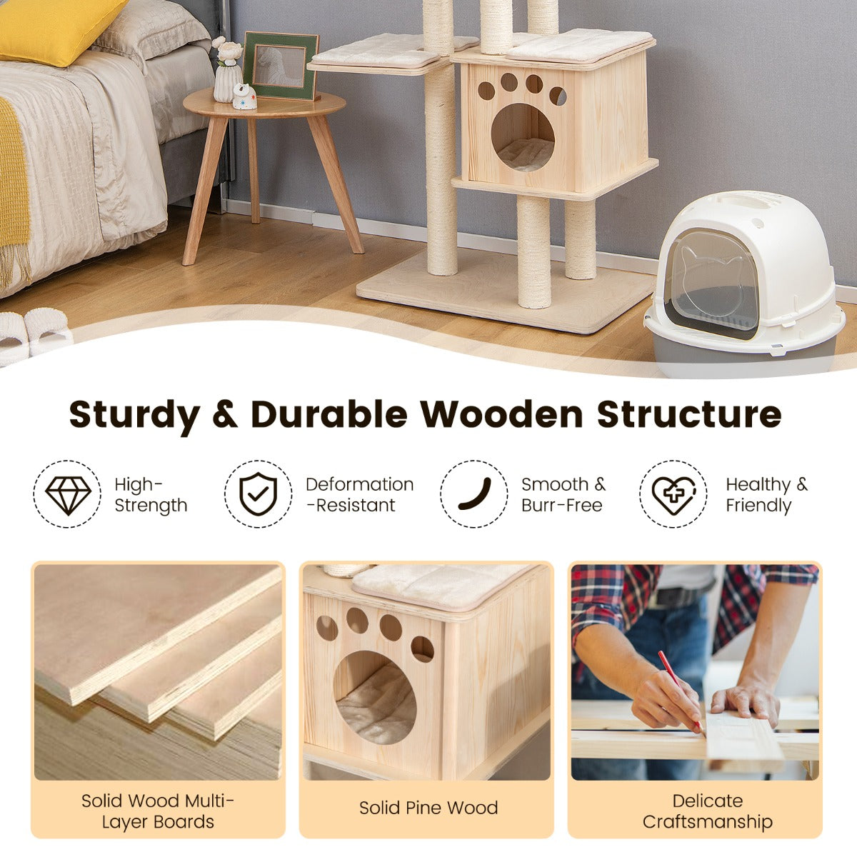 NNECW Modern Wooden Cat Tower with Scratching Posts Washable Cushion-4