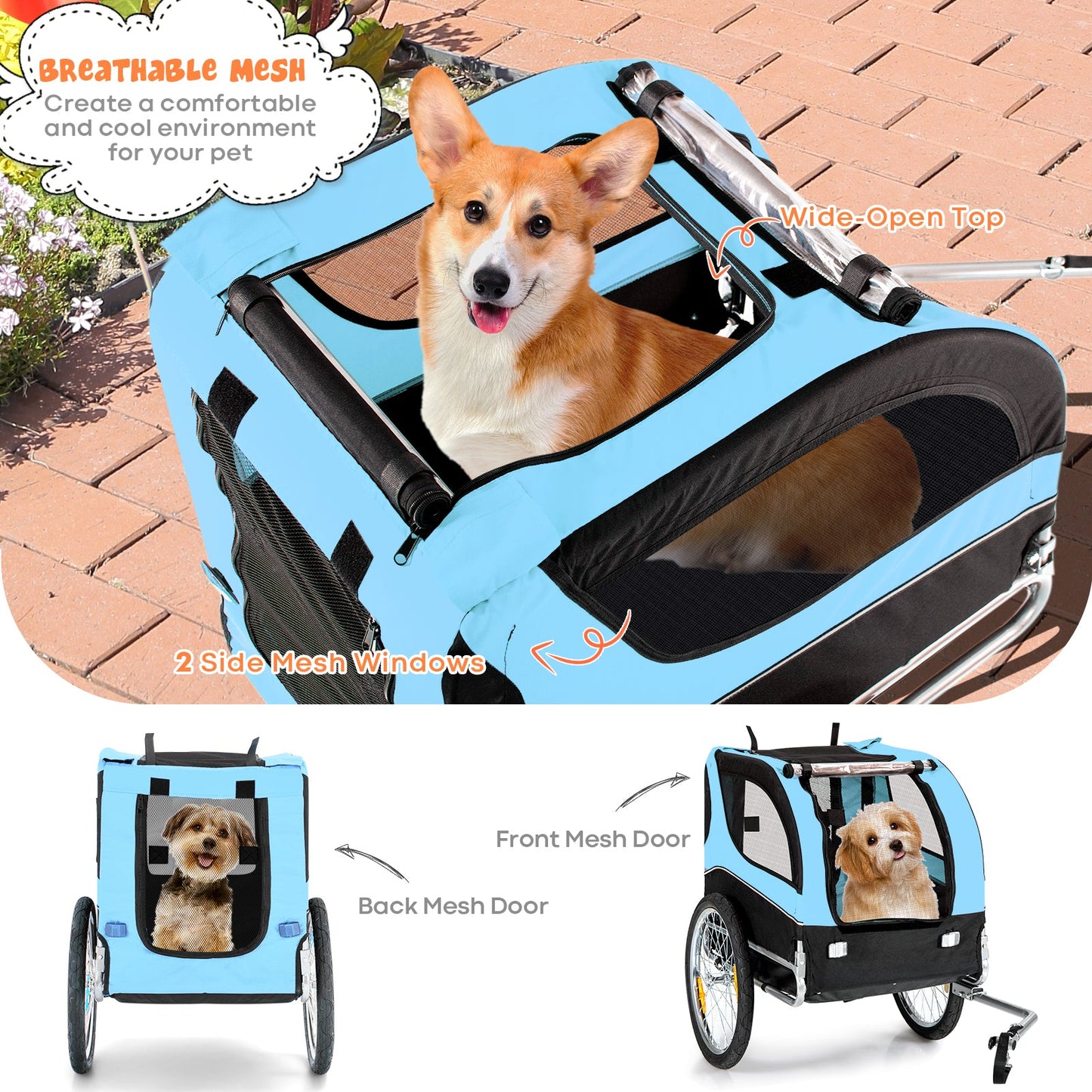 NNECW Folding Pet Bike Trailer with 3 Zippered Doors and 8 Reflectors-Blue-2
