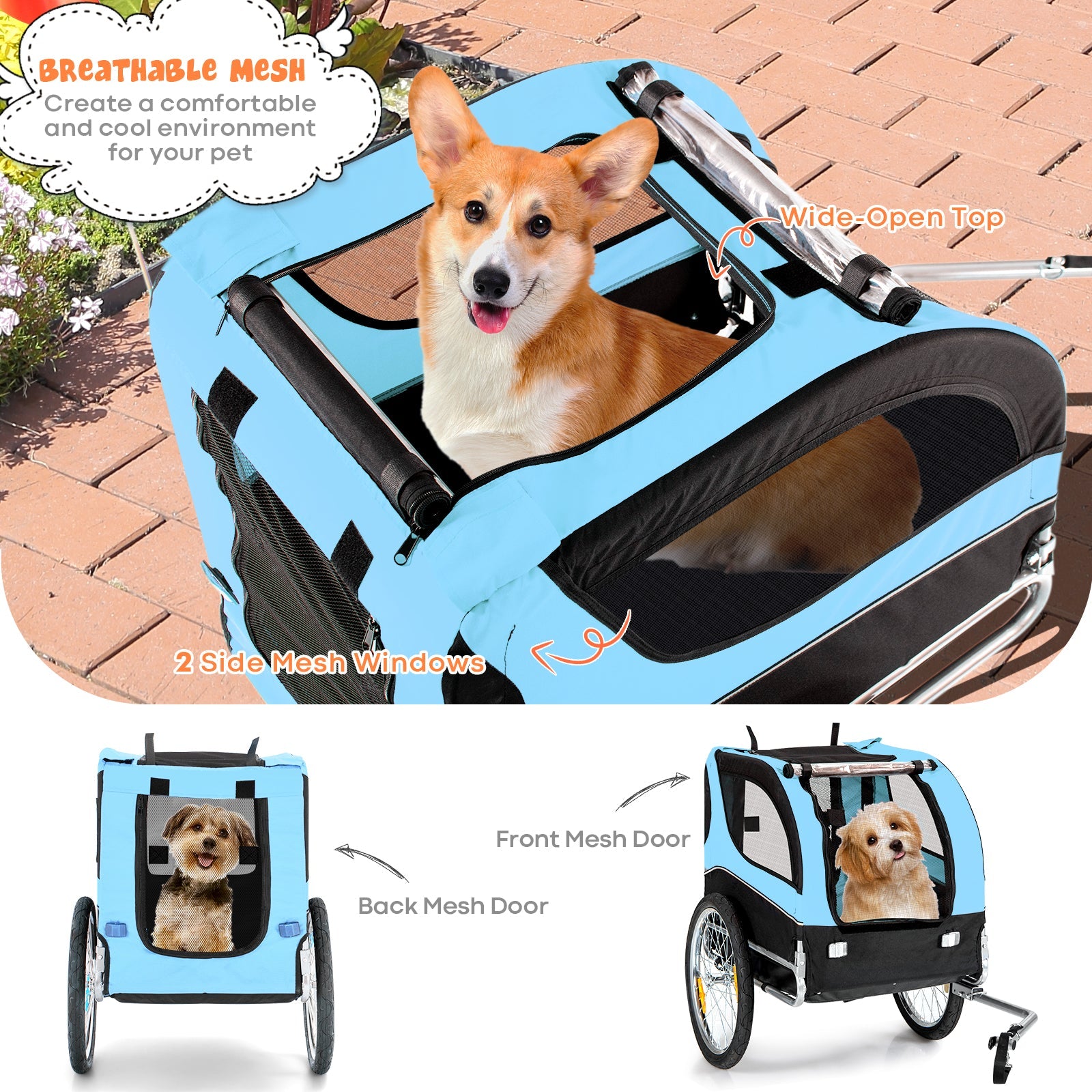 NNECW Folding Pet Bike Trailer with 3 Zippered Doors and 8 Reflectors-Blue-2